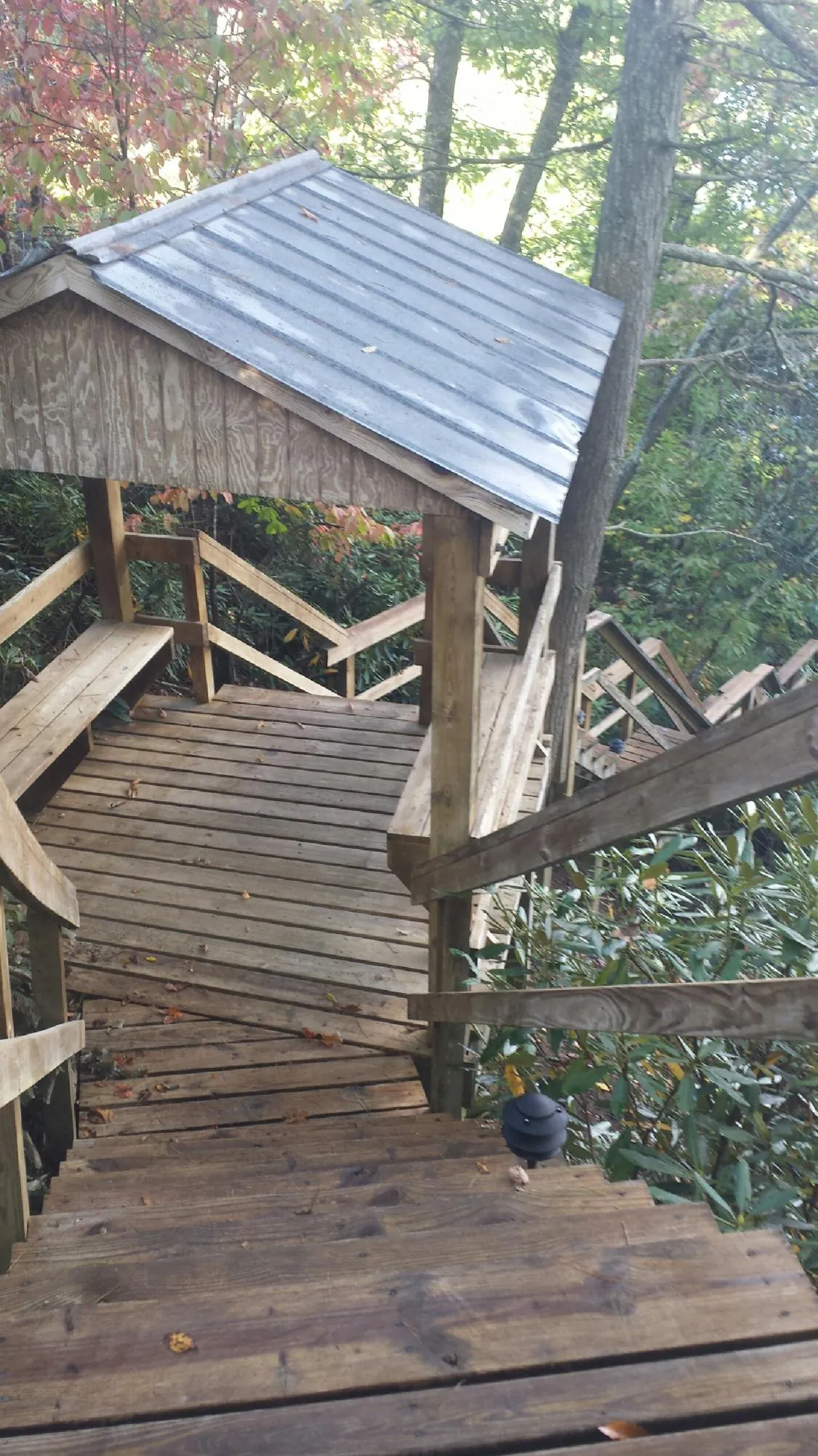 Metal roofed shelter over wooden steps on a wooded walkway — Skylight Repair & Installation work by our crew in Castle Rock